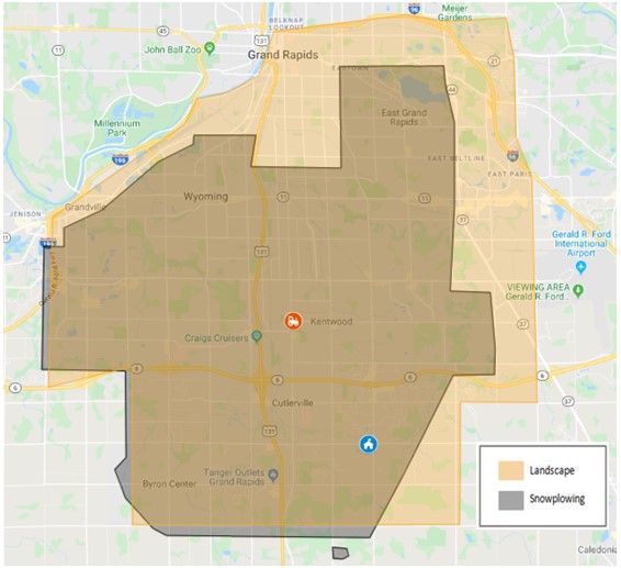 Service Area Map for Jack's Lawn Service & Snowplowing Inc. - Grand Rapids, MI
